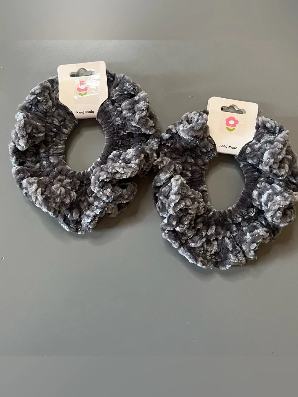 Set of 2 Gray Velvet Crochet Scrunchies Handmade NWT Chenille Hair Ties